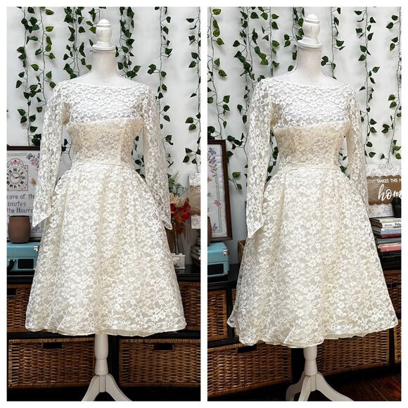 Vintage 60s White Lace Tea Dress Bridal Wedding Lorrie Deb Mod Party XS/S - Picture 1 of 12